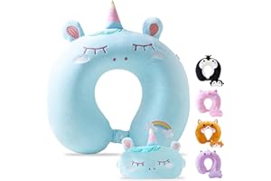 Cirorld Travel Pillow for Kids Adult Cute Neck Pillow for Traveling Memory Foam Airplane Pillow Sleep Mask Animal Flight Pillow Head Rest Neck Support for Cars Long Flights (Blue, 3-8 Y/O)