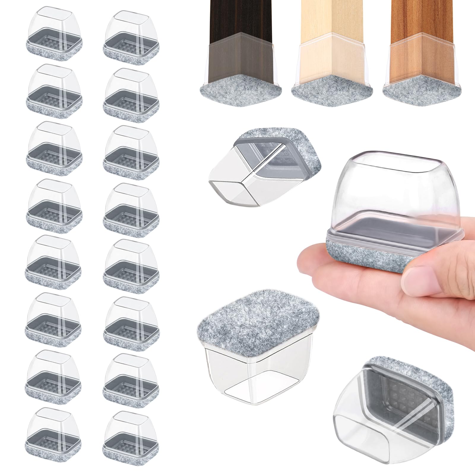 32PCS Chair Leg Floor Protectors, Rectangle Chair Leg Protection Caps, Small Clear Silicone Chair Leg Covers with Gray Felt Pads for Hardwood Floors, No Noise No Scratches