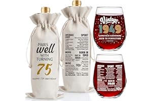Jettryran 75th Birthday Gifts for Women Men 75 Years Old Birthday Gifts 75th Birthday Anniversary Decorations Party Supplies- Vintage 1949- Wine Glass &Bottle Gift Bag Set- Turning 75