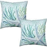 Wnoesat Coastal Nautical Starfish Pillow Covers 18x18 Set of 2 Ocean Coral Seagrass Summer Decorative Throw Pillow Cases Aqua Turquoise Beach Themed Outdoor Cushion Covers for Home Couch Sofa