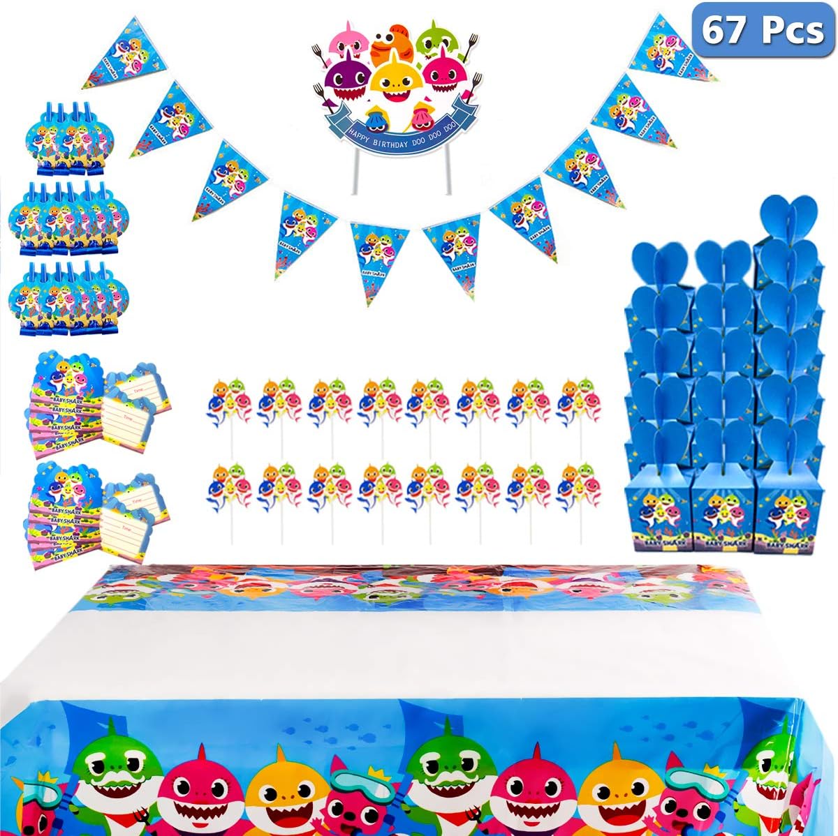 Shark Party Supplies for Baby - 67 Pcs with Blowouts, Invitations, Candy Boxes, Cake Toppers, Pennant, Tablecloth Birthday Party Favor Pack Set for Kids Girls