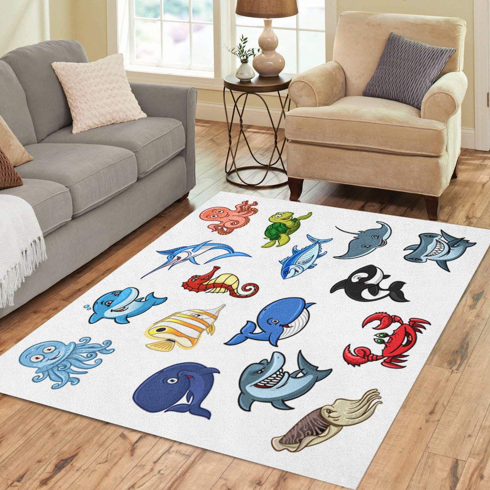 Pinbeam Area Rug Cartoon Sea Animals Dolphin Whale and Shark Octopus Home Decor Floor Rug 3' x 5' Carpet