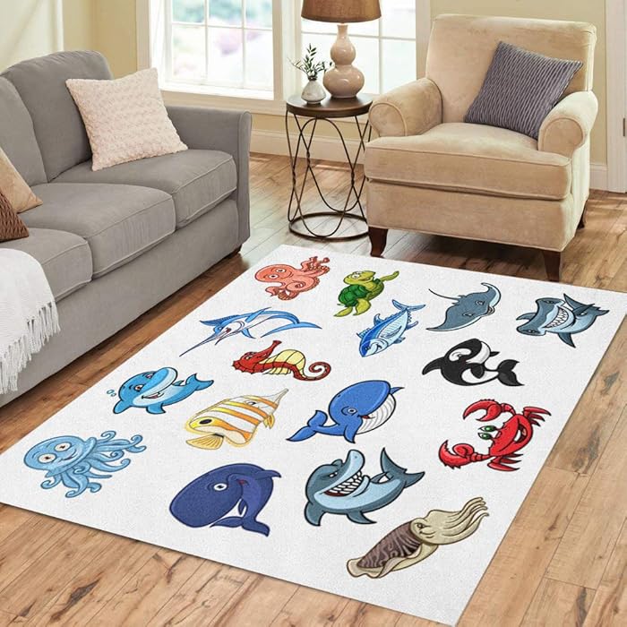 Pinbeam Area Rug Cartoon Sea Animals Dolphin Whale and Shark Octopus Home Decor Floor Rug 3' x 5' Carpet