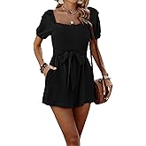 CCTOO Womens Rompers Smocked High Waist Ruffle Sleeves Short Outfits Jumpsuits with Belt