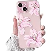 NITITOP Compatible with iPhone 15 Case Clear Cute Pink Lily Blossom Floral Flowers Pattern for Girls Women Soft TPU Transparent Shockproof Protective Phone Cover - Flower