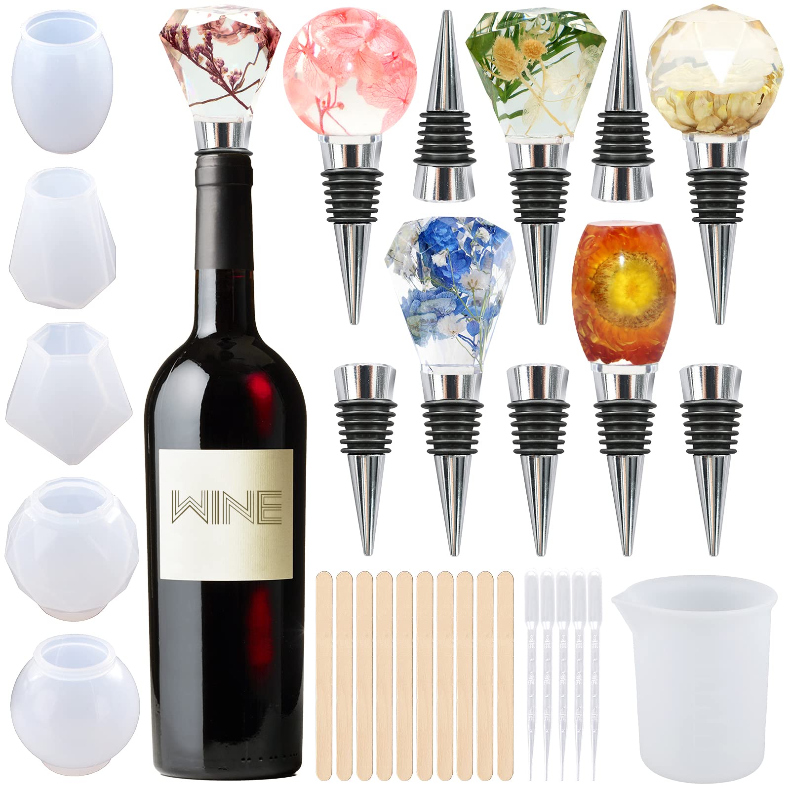 ZYNERY 31PCS Bottle Stopper Resin Molds Kit, Geometric Spherical Silicone Resin Molds with Wine Bottle Stoppers, Epoxy Resin Molds Resin Casting Molds for DIY Crafts