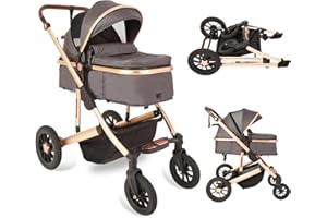 Trenana 2 in1 Baby Stroller,High Landscape Infant Stroller,Reversible Bassinet Stroller,Adjustable Backrest & Canopy,Foldable Aluminum Alloy Anti-Shock Stroller for Newborn (Gold-Grey)