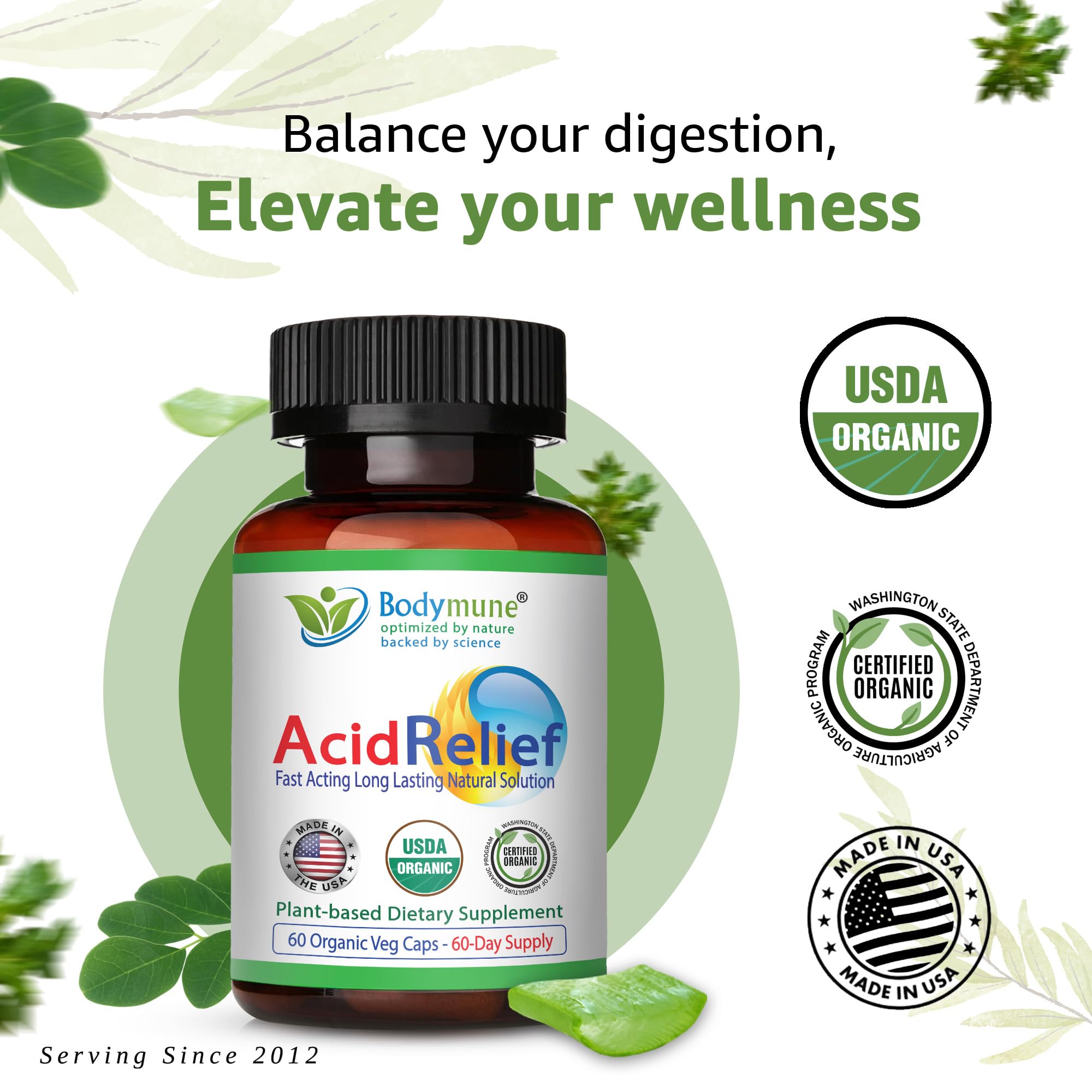 Bodymune AcidRelief Acid Tamer | Promotes Stomach Comfort & Digestive Wellness* | Organic Herbal Blend for Gut Health* | 60 Capsules | Made in USA, USDA Organic, Vegan, Non-GMO, Gluten-Free