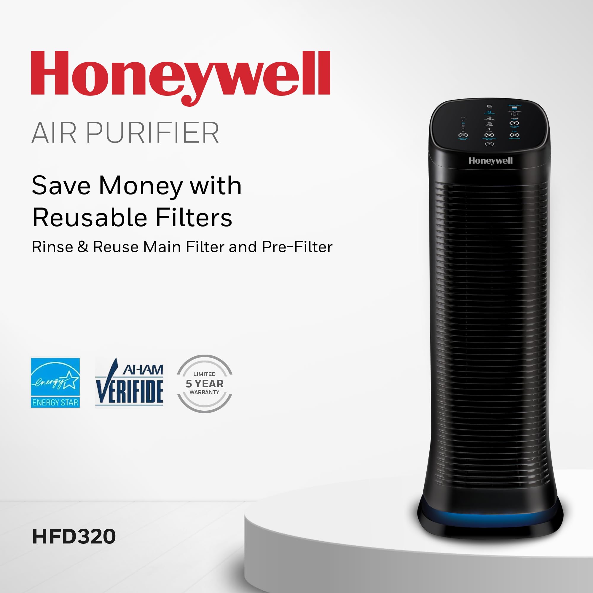 Honeywell Air Genius 5 Air Purifier for Large Rooms up to 1200 Ft², Permanent Washable Filters, Reduces Dust, Pollen, Pet Dander, Odors, Smoke, Black, HFD320