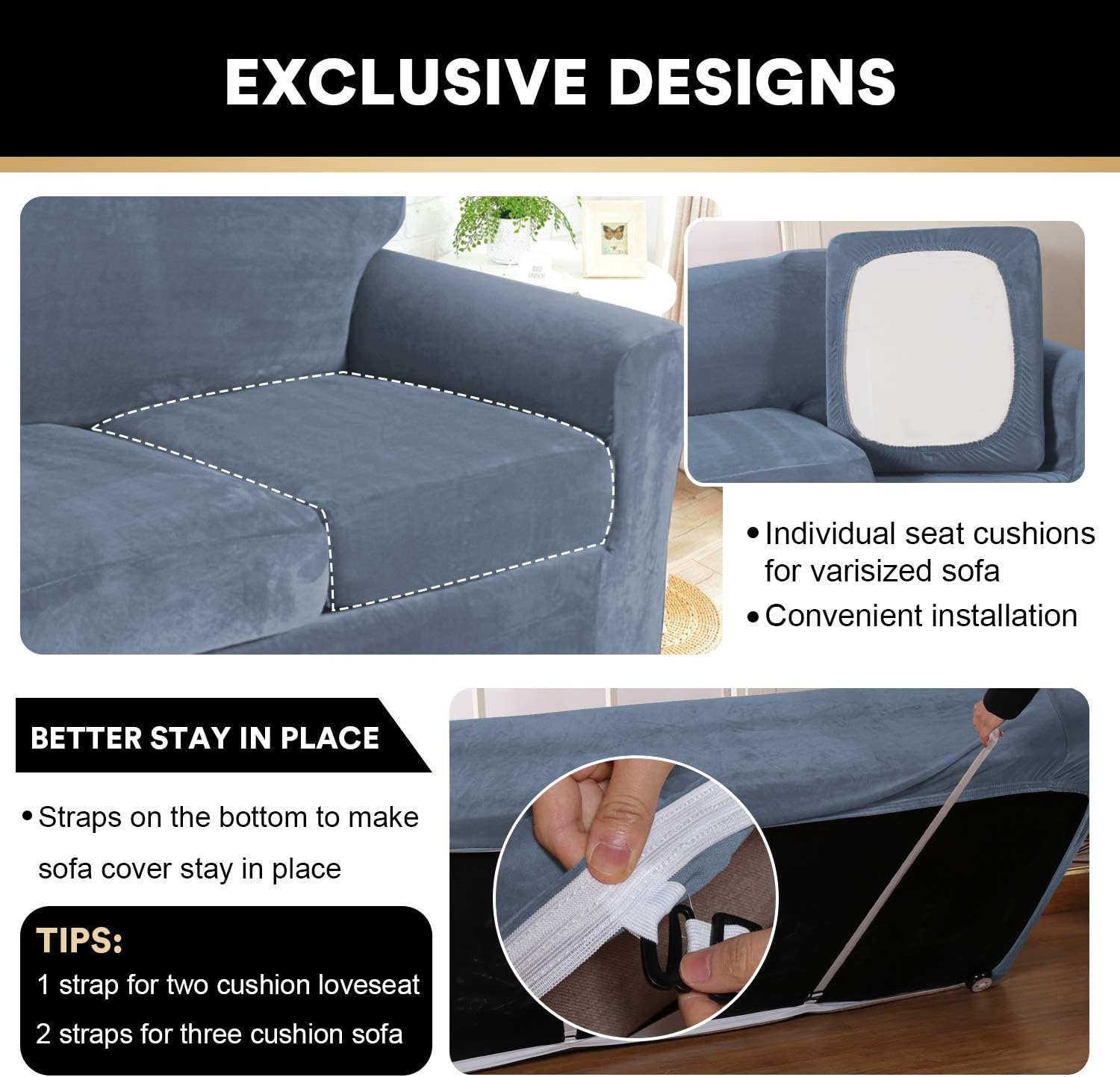 4 Pieces Sofa Covers Stretch Velvet Couch Covers for 3 Cushion Sofa Slipcovers Soft Sofa Slip Covers with 2 Non Slip Straps Furniture Covers with 3 Individual Seat Cushion Covers (Sofa, Stone Blue): Furniture & Decor