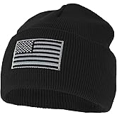 Armycrew Made in USA Grey American Flag Embroidered Knit Cuff Long Beanie