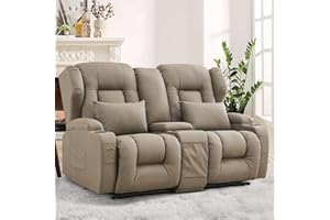 TUNYI 65" Loveseat Recliner RV Sofa - Double Manual Recliner Sofa with Console Litchi Leather Home Theater Seating RV Furniture with Storage/Cup Holder for Living Room, RV (Khaki)