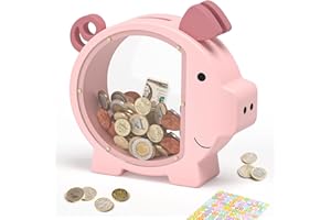 ELX Pink Piggy Bank for Girls, Clear Piggy Bank for Kids,Large Animal Coin Bank, Unbreakable Wooden Money Bank for Toddler Real Money Toy Personalized for Child Birthday & Decor