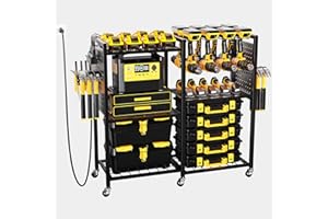 Xankzi Power Tool Organizer Garage Storage with Charging Power Strip,6-Tier Heavy Duty Metal Rack on Wheels, Rolling Tool Utility Cart with 8 Hooks, 6 Load-Bearing Wheels for Workshop (Black)