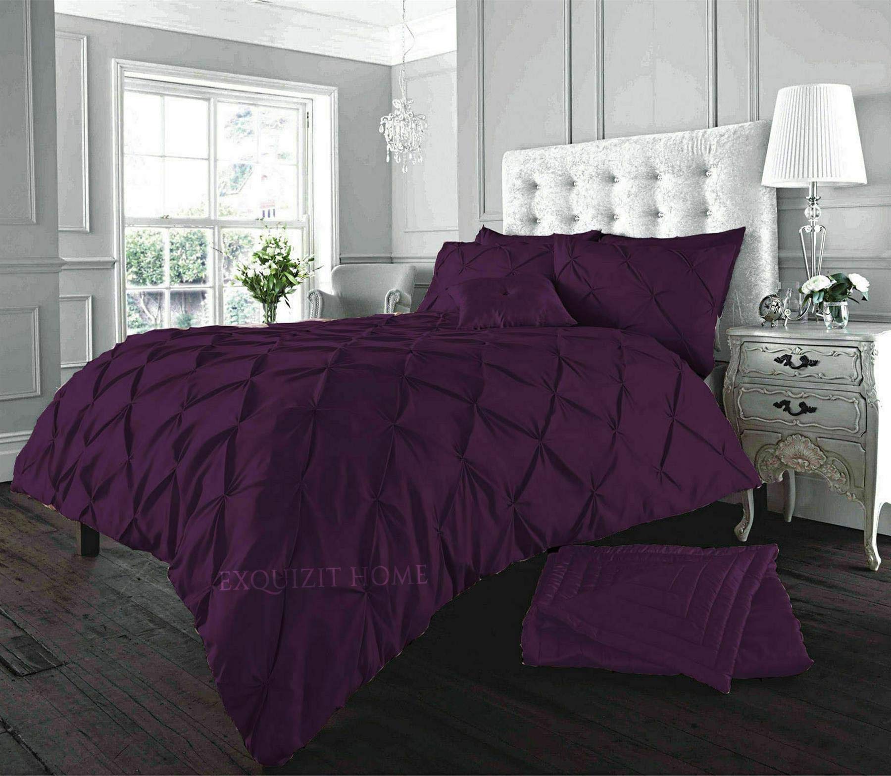 EXQUIZIT HOME® Luxury Duvet Cover Set – Alexander Alford Pin Tuck Pinch Pleat Reversible Diamond Bedding Set with Matching Pillowcase Pack of 2, 50% Cotton 50% Polyester (Plum – King 230 x 220 cm)