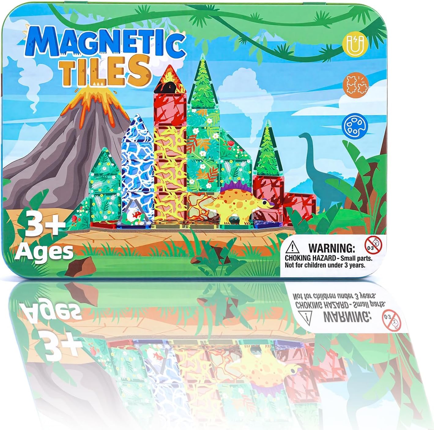MEESHEEP 42PCS Mini Magnetic Tiles Dinosaur-Themed with Tin - Travel-Friendly Airplane & Car Toys For Kids, Educational Building Set — image 1