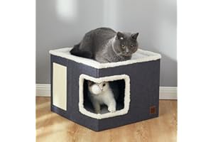 Catboat Cat Bed for Indoor Cats Cube House, Covered Cave Beds & Furniture with Scratch Pad and Hideaway Tent, Cute Modern Condo for Multi Small Pet Large Kitten Kitty, Grey