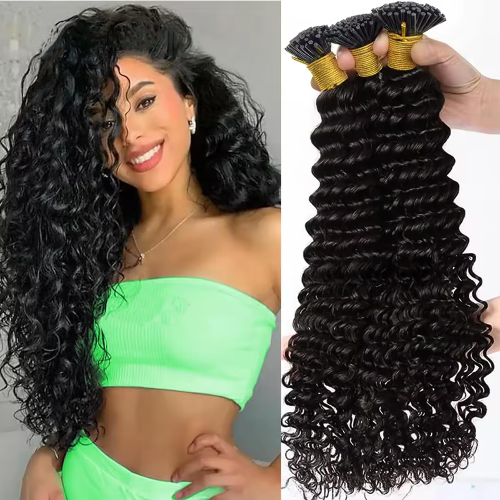Photo 1 of Wavy I Tip Hair Extensions Human Hair #1B Pre Bonded Micro Links Real Human Hair Extensions for Black Women Natural Black Color Deep Wave Itips Hair 22 Inch 0.5g/Strand 50g