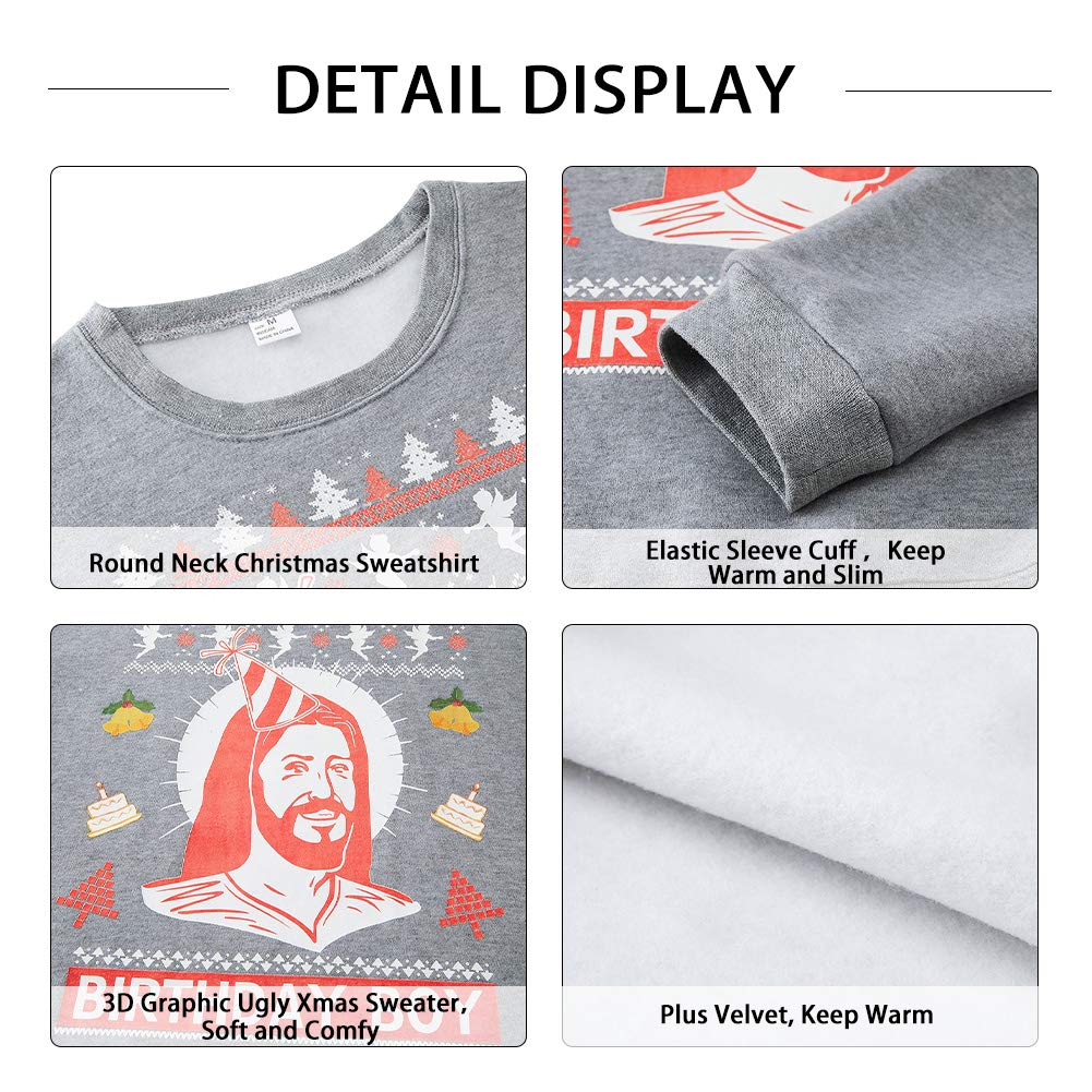 SKYRAINBOW Girls Boys Christmas Sweater Print 3D Ugly Xmas Sweatshirt Crew Neck Thick Pullover Loose Fit Jumper Easter Clothes for Holiday Party Grey XL