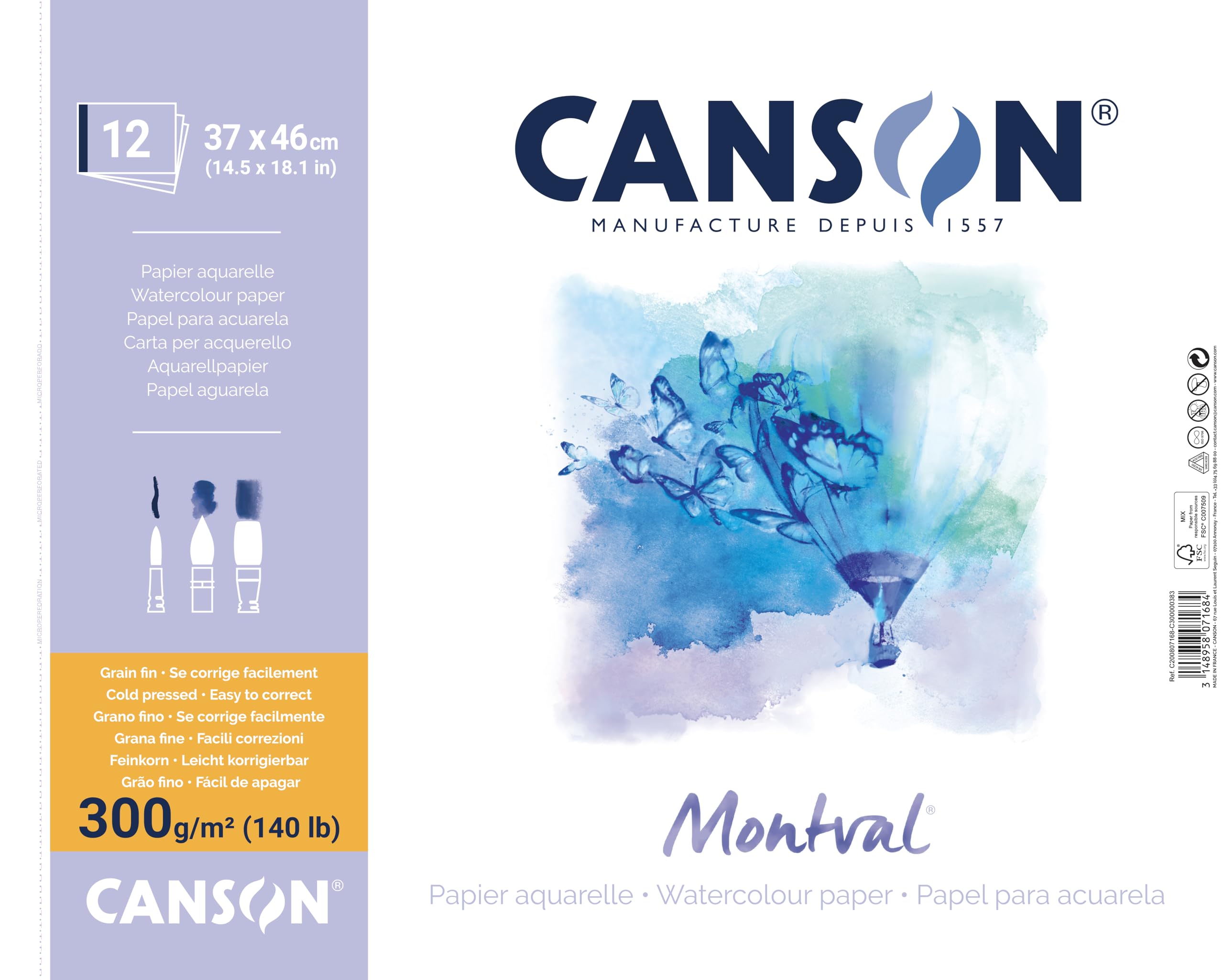 'Canson Spiral-Bound AQ Montval Fine Watercolour Pencils, 12 Sheets Per Pad 300gsm Spiral on Short Edge, White 37 x 46 cm weiß