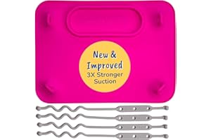 BUSY BABY Silicone Mat - New and Improved Suction Cups, 4 Straps to Secure Baby Essentials, Self Feeding, Baby Led Weaning, Travel Sleeve Included (Pink)
