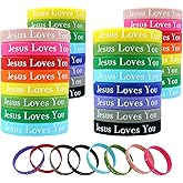 MATEPLUS 24/48/60Pcs Colorful Jesus Loves You Silicone Bracelets, Christian Wristband Bulk Motivational Religious Bands for Party Church School