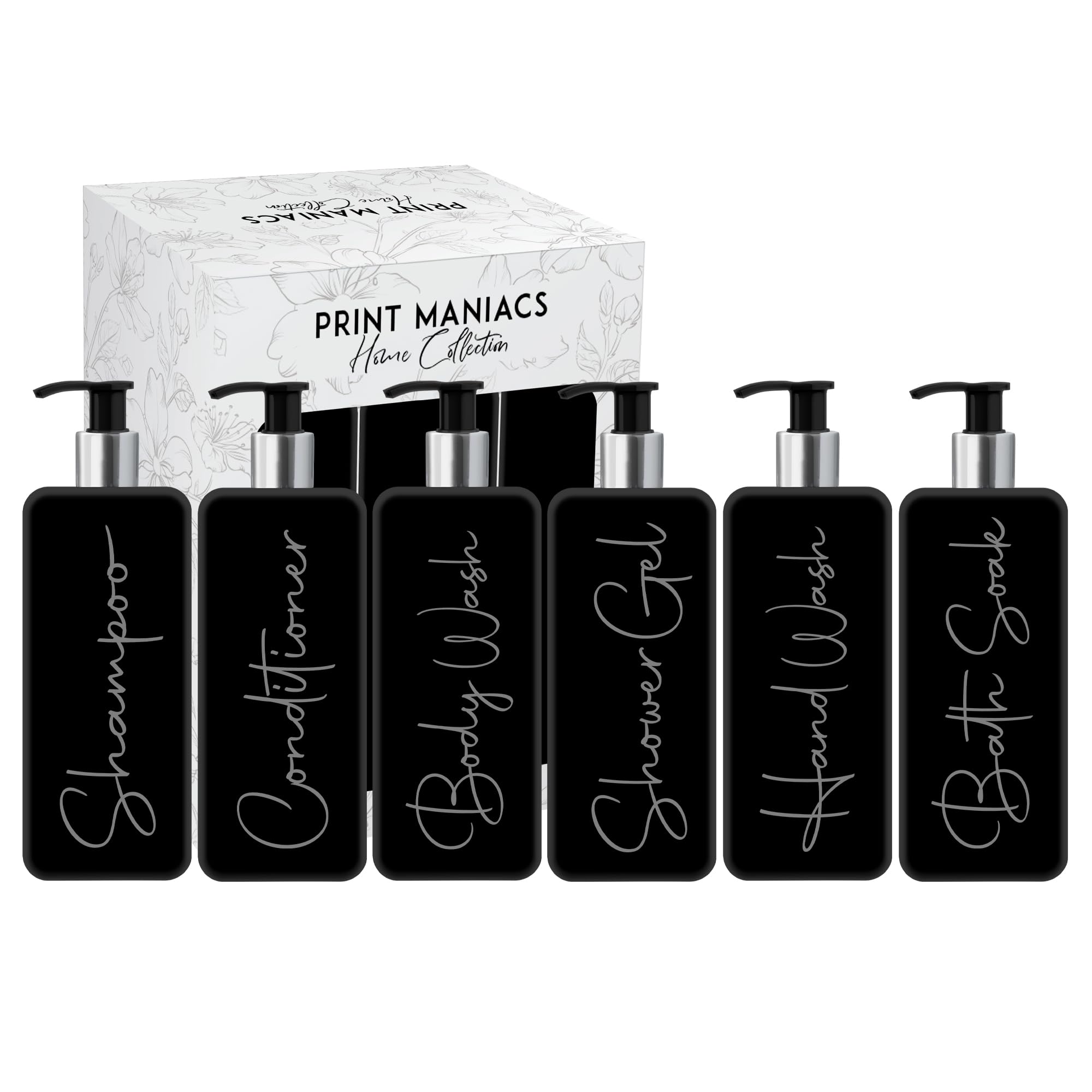 Print ManiacsMrs Hinch Inspired Signature Black 500ml Square Reusable Dispenser Bottle Silver Pump Personalised Bathroom Storage Set F2 (Grey, Shamp, Con, Body Wash, Bath Soak, Shower Gel, Hand Wash)