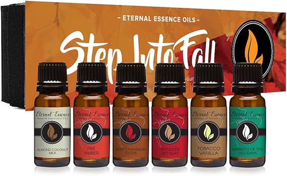 Step Into Fall Gift Set of 6 Premium Fragrance Oils - Almond Coconut Milk, Fire Amber, Sexy Cinnamon Clove, Reindeer Retreat, Warmth of The Holidays, Tobacco Vanilla - Eternal Essence Oils