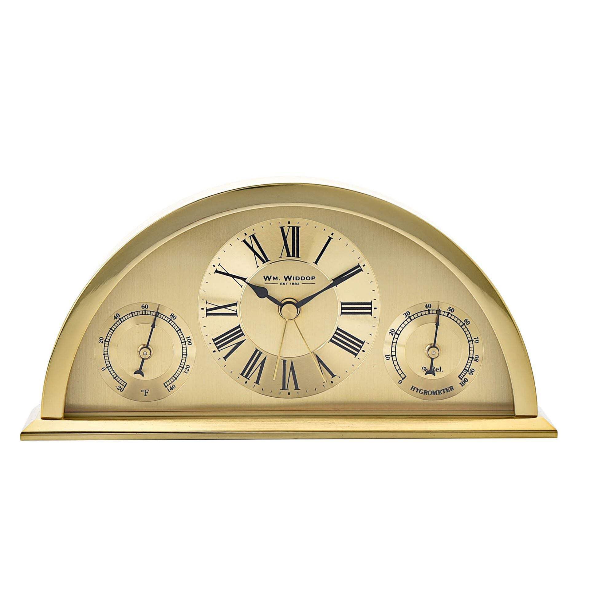 WILLIAM WIDDOP Gold Aluminium Crescent Mantel Clock