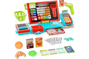 SHXYKZ Small Toy Cash Register for Kids, Cash Register with Scanner, Real Calculator/Toy Money/Credit Cards/Food, Perfect Cash Register for Kids Ages 4-8