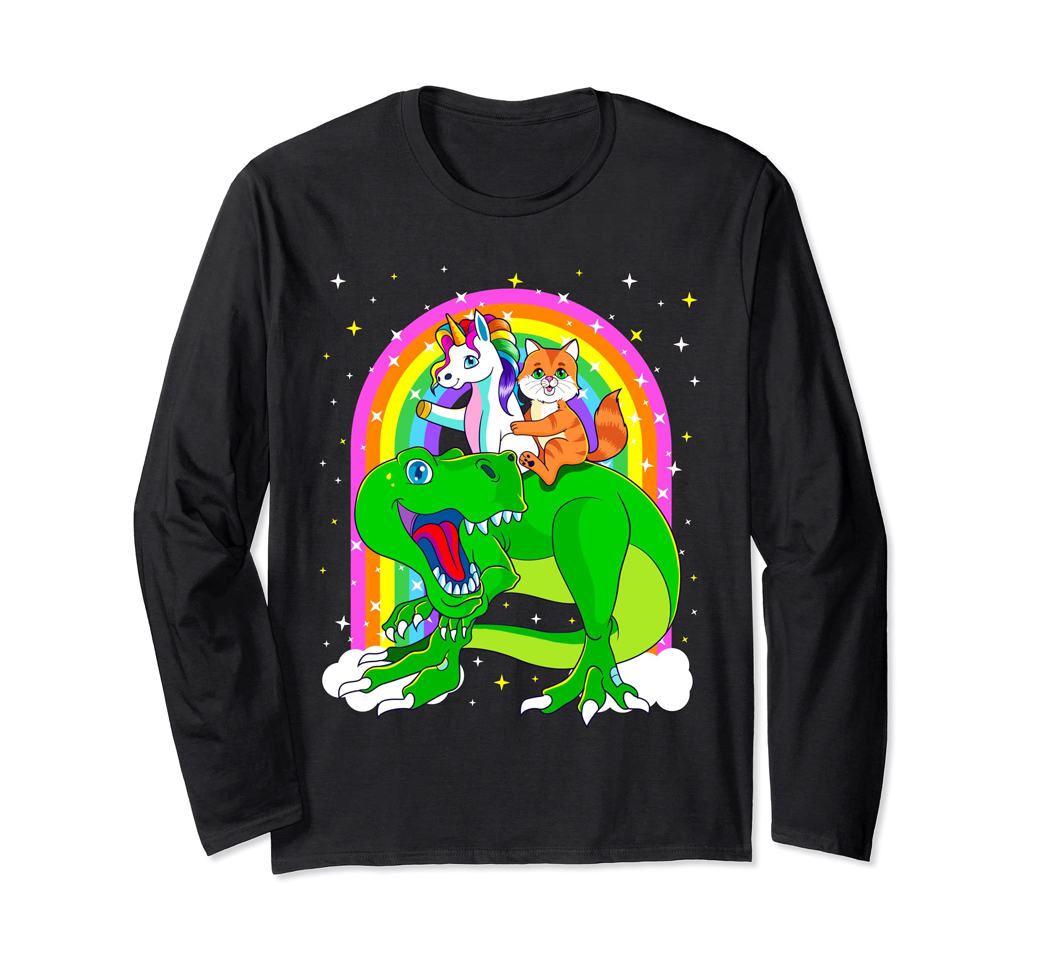 Unicorn Riding Trex Dinosaur Cat Space Kitten Galaxy Gift Long Sleeve T-Shirt