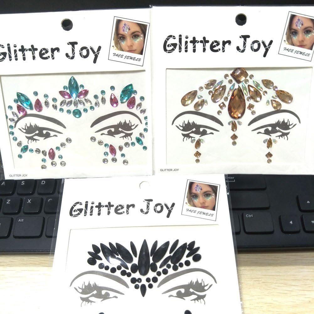 3pcs Face Rhinestones Stickers Crystal Tattoos Jewels Festival Rhinestones Gems Body Temporary Tattoos Bindi Eyes Stones Mermaid(Collection D 3pcs)