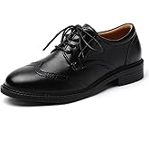 QJN Platform Oxfords for Women Wingtip Shoes Saddle Black Oxford Shoes for Women Vintage Formal Business Dress Leather Flats