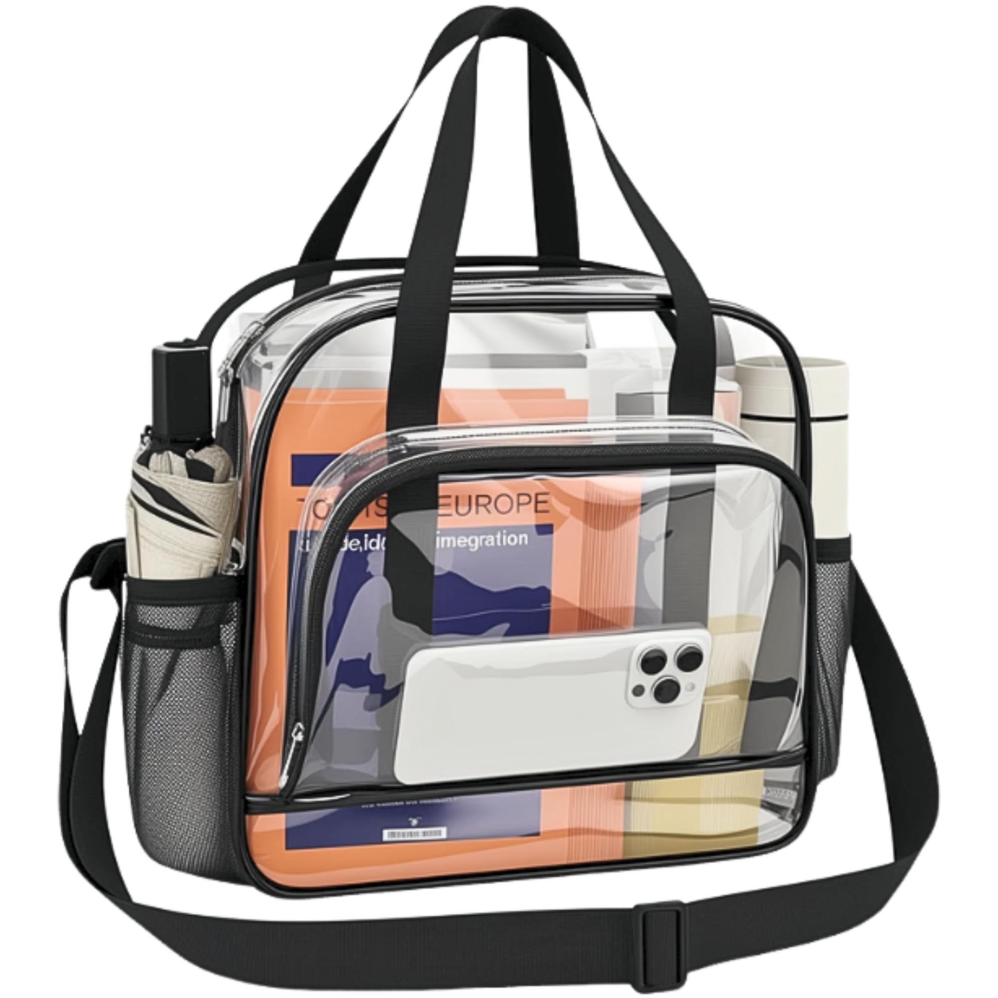 Photo 1 of Clear Bag for Stadium Events 12x6x12, Clear Tote Bag with Front Pocket and Detachable Strap for Sports Concert Work, Black