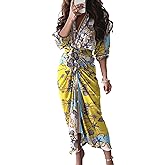FYEARFOX Women's Button Down Shirt Dress Ruched Split Maxi Dresses Long Sleeve Wrap V Neck Tie Waist Party Clubwear