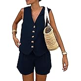 PRETTYGARDEN Women's Summer 2 Piece Outfits Sleeveless Matching Sets Button Down V Neck Vest Waistcoat and Pockets Shorts