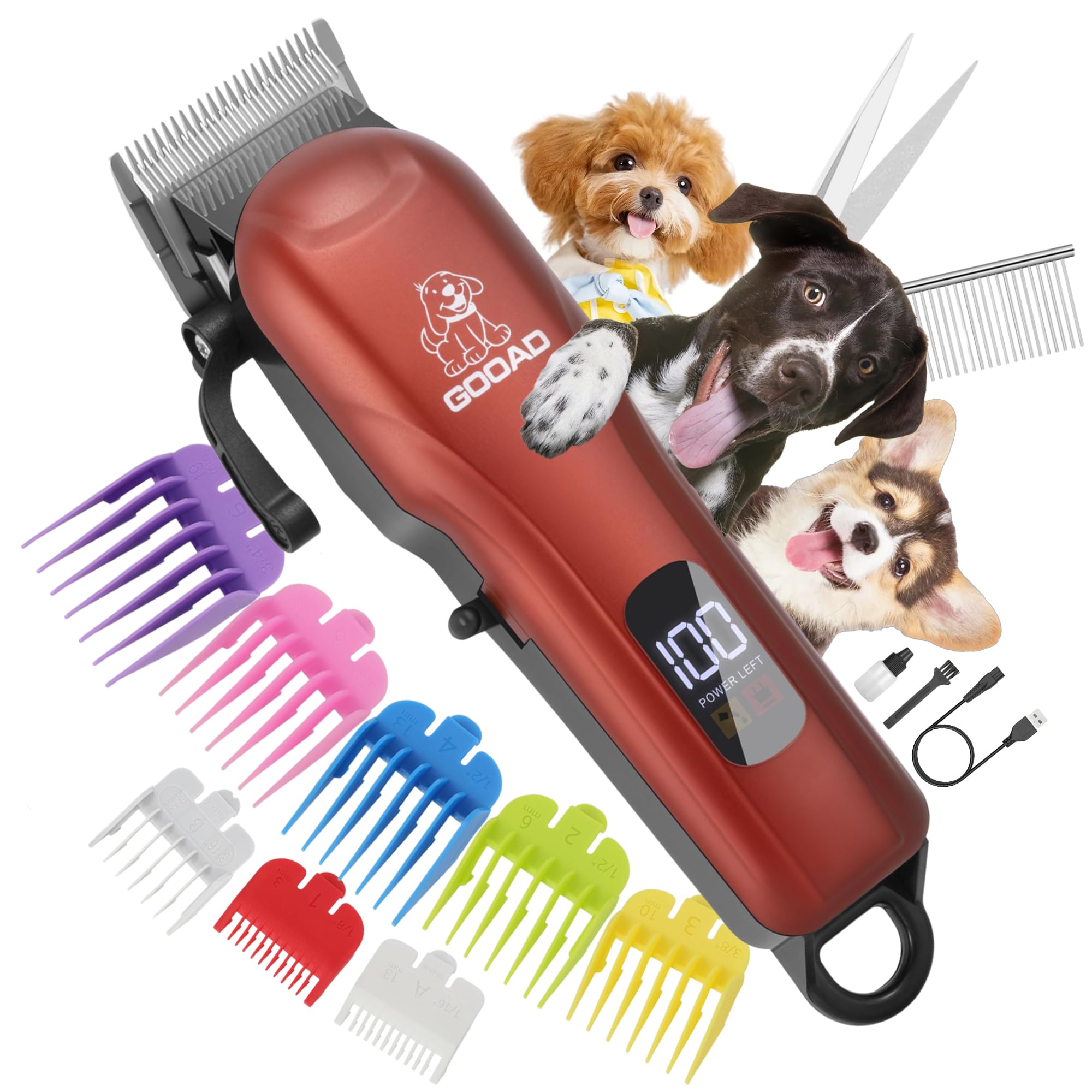 Gooad Dog Clippers for Grooming, Cordless, Low Noise, Electric Quiet, Rechargeable Pet Hair Clippers for Thick Coats, Trimmer Grooming Kit, Shaver for Small and Large Dogs Cats, Red