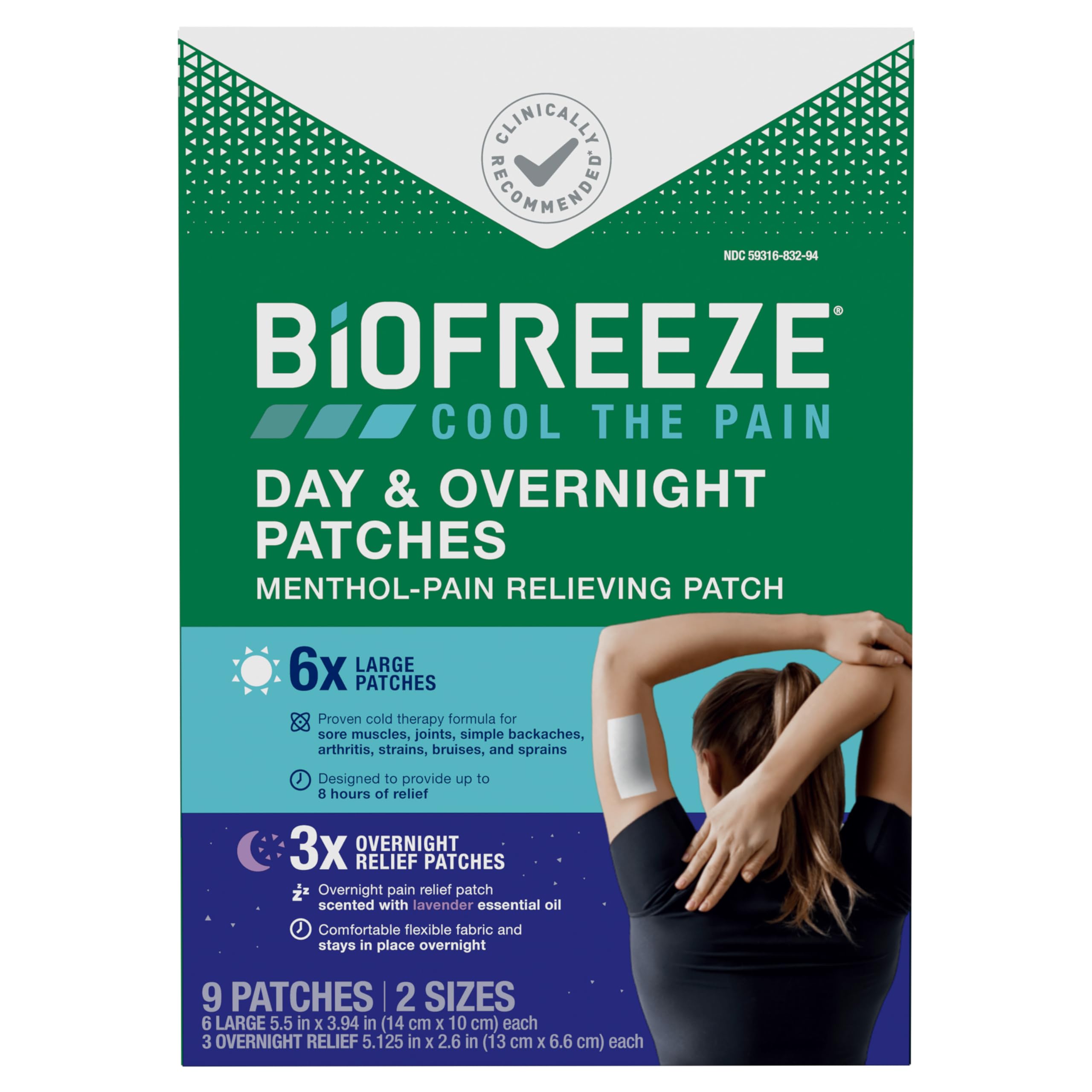 Biofreeze Day & Overnight Pain Relief Patches, Menthol Pain Patches for Arthritis & Muscle Pain Relief, Comfortable & Flexible Fabric Stays in Place, FSA/HSA Eligible, 9 Patches (6 Day, 3 Night)