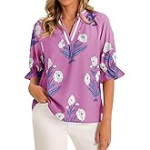 Cicy Bell Womens Boho Floral Blouses Puff Ruffle Sleeve V Neck Summer Shirts Dressy Casual Flowy Blouse Tops