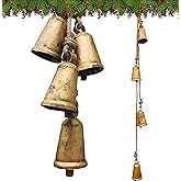 Set of 4 Rustic Hanging Bells Shabby Chic Metal Tibetan Inspired Meditation Cow Bells with Jute Rope Vintage Handmade Lucky Rustic Metal Tranquil Wind Chimes Wall Hanging Decor