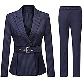 YUNCLOS Women's 2 Piece Office Lady Stripes Business Suit Set Slim Fit Blazer Jacket Pant