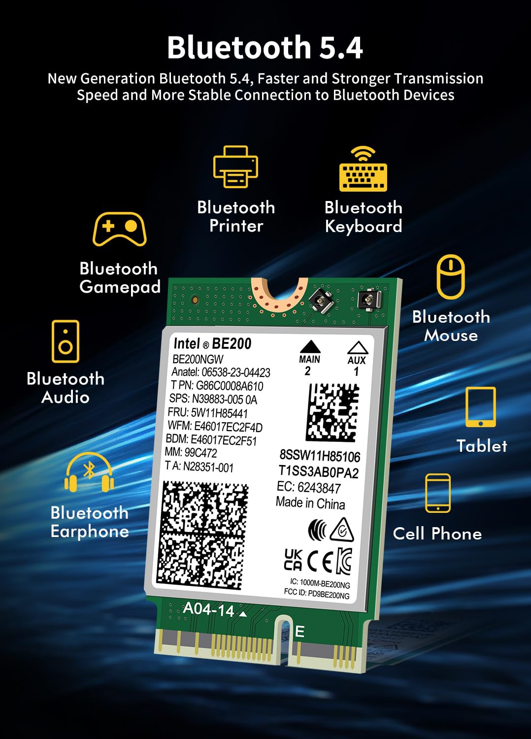 WiFi 7 Wireless Card Intel BE200 NGW, Bluetooth 5.4, 5800Mbps M.2/NGFF Network Support Windows 10/11 (64bit), Linux, Not Support AMD, Only Supports Intel 12th Generation and Above CPUs.