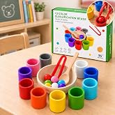 Color Sorting Toys, Montessori Sorting Cups Color Matching Toys for Kids | 10 wooden balls, 10 matching sorting cups, spoon, tongs for color matching, fine motor skills and and hands-on preschool play