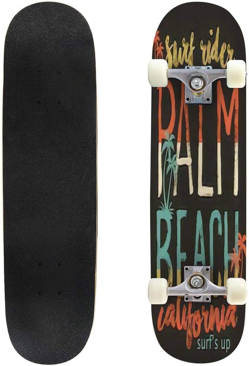 Blue Palm Trees Seamless Pattern Colorful Background with Tropical Outdoor Skateboard 31"x8" Pro Complete Skate Board Cruiser 8 Layers Double Kick Concave Deck Maple Longboards for Youths Sports