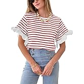 Tankaneo Women Striped Tops Ruffle Sleeve Casual Basic T Shirts Crewneck Short Sleeve Shirt Summer Outfits