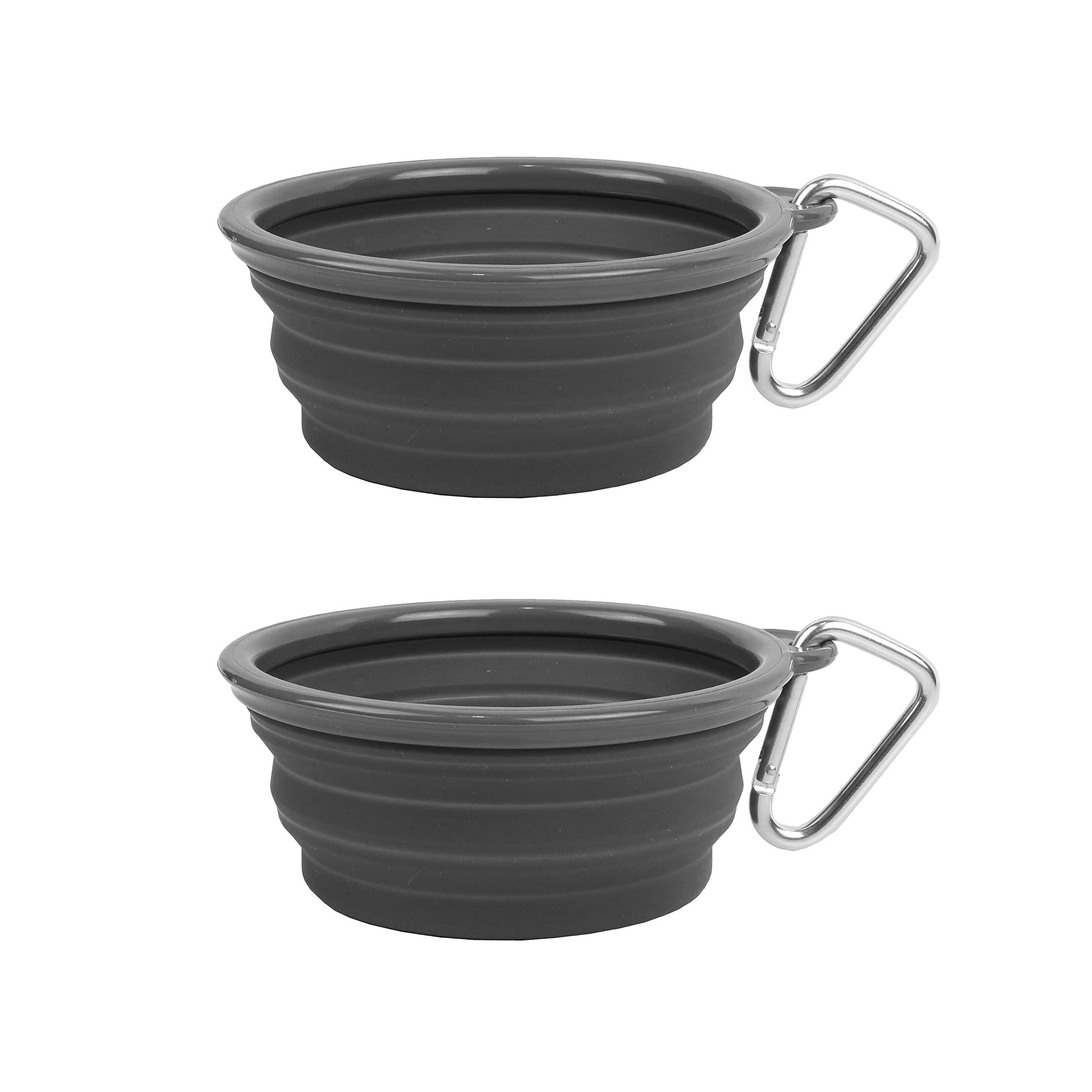 Prima Pet Collapsible Silicone Water Travel Bowl with Clip for Dog and Cat, Portable and Durable Pop-up Feeder for Convenient On-The-go Feeding - Size: Small (1.5 Cups) Grey -2 Pack