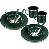 Nuogo 12 Pcs Enamel Camping Tableware Set Dinnerware Kit | Includes 12 oz Coffee Mugs Camping Plates Bowls, Utensils Set with Knife Fork Spoon, for 2 People Hiking Picnic Outdoor