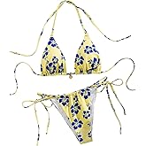 BEAUDRM Women's 2 Piece Bikini Set Floral Triangle Thong Bikini Set High Cut Swimsuit Cheeky String Bathing Suit Beachwear