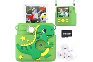 CAREENOAH Kids Camera Instant Print, Dinosaur Toys for Boys 3 4 5 6 7 8 9 10 Years Old, 1080P Kids Digital Camera for Toddlers, Christmas Birthday Gifts for Boys Girls 3-12, 32GB SD Card, Green