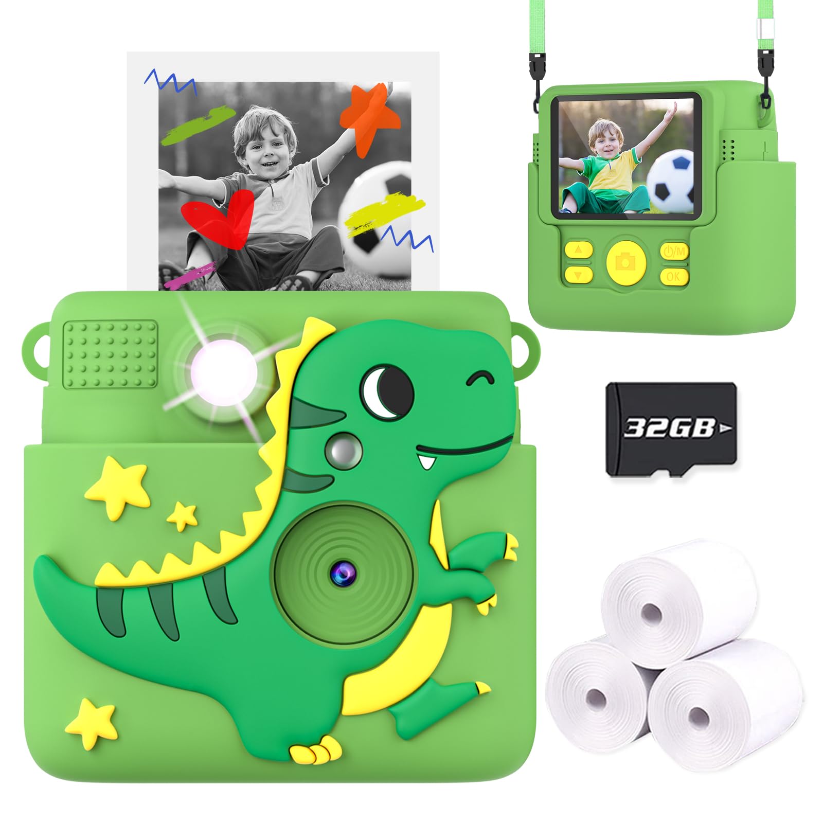 Photo 1 of Kids Camera Instant Print, Dinosaur Toys for Boys 3 4 5 6 7 8 9 10 Years Old, 1080P Kids Digital Camera for Toddlers, Christmas Birthday Gifts for Boys Girls 3-12, 32GB SD Card, Green